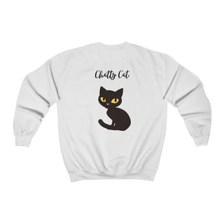 Meow Unisex Crewneck Sweatshirt in White. Shown is back showcasing a wide eyed black cartoon cat with the phrase "Chatty Cat" above it. On front of shirt is the Benefit Beagle Logo featuring a peeping cat.