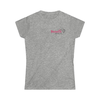 Different Pawspective Women's Softstyle Tee in Sport Grey. Shown is front of shirt with Benefit Beagle logo in the top corner . On the back is large colorful pawprint with the the phrase "Life is all about finding the beauty in a different pawspective" circled around it.