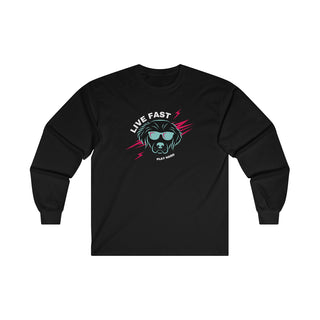 Play Hard Ultra Long Sleeve Tee in Black. The design features a cool dog with sunglasses and lightening bolts around it. The phrase "Live Fast, Play Hard" is around the design.