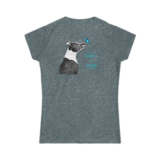 Lincoln Butterfly Women's Softstyle Tee in Dark Heather. Shown is back of shirt design showcasing profile of a dog with a blue butterfly on its nose and the phrase "Kindness is Strength" next to it. The front of shirt has Benefit Beagle Logo kissed by a Butterfly.