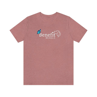 Lincoln Butterfly Unisex Jersey Short Sleeve Tee in Heather Mauve. Shown is the front of shirt with Benefit Beagle Logo kissed by butterfly. The back of shirt showcases profile of a dog with a blue butterfly on its nose and the phrase "Kindness is Strength" next to it.