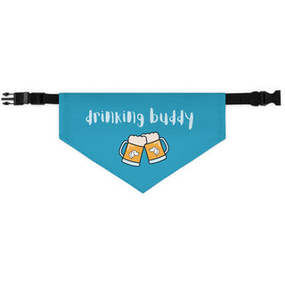 Beagle-Thirty Mugs Dog Collar Bandana in Blue. The Beagle-Thirty Mugs design features two dog adorned mugs clinking with the saying "Drinking buddy" above it. Comes with adjustable black collar.