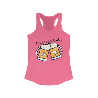 Beagle-Thirty Mugs Women's Racerback Tank in Hot Pink. The front of shirt showcases Two Dog Adorned Mugs clinking with the saying, "It's Beagle-Thirty" above it. Back of shirt features corresponding Benefit Beagle Logo.