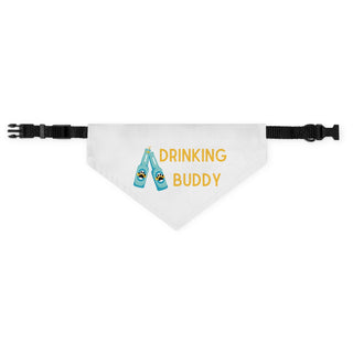 Beagle-Thirty Mugs Dog Collar Bandana in White. The Beagle-Thirty Mugs design features two dog paw labeled bottles clinking with the saying "Drinking buddy". Comes with adjustable black collar.