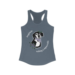 Signature Tattoo Flowers Women's Ideal Racerback Tank in Indigo. Shown is front of shirt with the Signature Tattoo Flowers design featuring a dog with flowers around it and the phrase "Beagletude" and "Nothing is Impawssible". Back of shirt features the Benefit Beagle Logo.