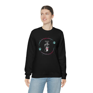 Dog Hair is my Glitter Unisex Crewneck in Black. The Dog Hair is my Glitter design features a dog with the phrase "Dog Hair is my Glitter" above it and it is surrounded by a circle with paw prints.