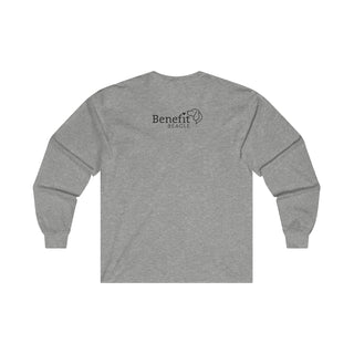 Easily Distracted Ultra Cotton Long Sleeve Tee in Sport Grey. Shown is back design with the classic Benefit Beagle Logo. The front design features a dog waving with the saying "Easily Distracted by Dogs" below it.