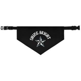 Brightest Star Pet Bandana Collar in Black. The Brightest Star design features the phrase "Shine Bright" with a nautical star. Comes with adjustable black collar.