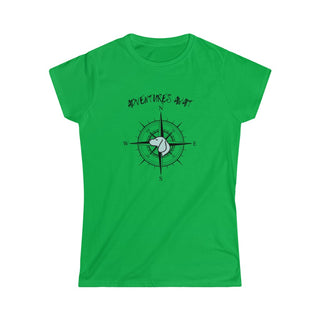 Adventures Await Women's Softstyle Tee in Irish Green. The front of shirt features the Adventures Await design with a dog inside a nautical compass and the words "Adventures Await" above it. The back of the shirt has similar Benefit Beagle Logo.