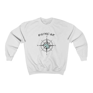 Adventures Await Unisex Crewneck Sweatshirt in White. The front of shirt features the Adventures Await design with a dog inside a nautical compass and the words "Adventures Await" above it. The back of the shirt has similar Benefit Beagle Logo.