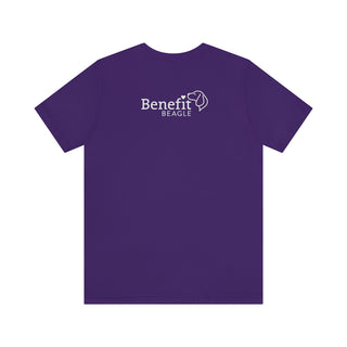 Easily Distracted Unisex Jersey Short Sleeve Tee in Team Purple. Shown is back design with the classic Benefit Beagle Logo. The front design features a dog waving with the saying "Easily Distracted by Dogs" below it.