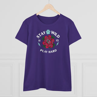 Stay Wild Women's Midweight Cotton Tee in Purple. Shown is front of Stay Wild Design features a tattoo style rose with the phrase "Stay Wild, Play Hard" around it. The back of shirt features the Stay Wild Benefit Beagle Logo Design.