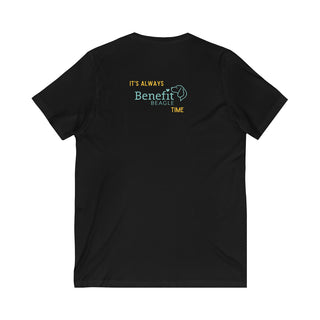 Beagle-Thirty Bottles Unisex Jersey Short Sleeve V-Neck Tee in Black. Shown is back of shirt featuring "Beagle-Thirty" Benefit Beagle Logo. The front Showcases Two Paw Labeled Bottles clinking with, "It's Beagle-Thirty" written next to it.