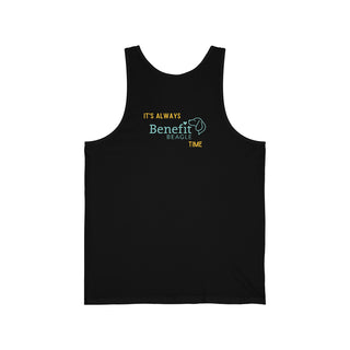 Beagle-Thirty Bottles Unisex Jersey Tank in Black. The front of shirt showcases Two Paw Labeled Bottles clinking with the saying, "It's Beagle-Thirty". Back of shirt features corresponding Benefit Beagle Logo.