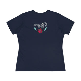 Stay Wild Women's Premium Tee in Navy. Shown is the back of shirt with Benefit Beagle Logo complete with Tattoo Rose.   On front of shirt is Stay Wild Design featuring a tattoo style rose with the phrase "Stay Wild, Play Hard" around it.