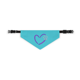 Live, Love, Beagle Dog Collar Bandana in Blue. The Live, Love, Beagle design features a heart with a paw print. Comes with black adjustable collar.