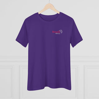 Different Pawspective Women's Premium Tee in Purple. Shown is front of shirt with Benefit Beagle logo in the top corner . On the back is large colorful pawprint with the the phrase "Life is all about finding the beauty in a different pawspective" circled around it.