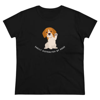 Easily Distracted Women's Midweight Cotton Tee in Team Black. Shown is front design featuring a dog waving with the saying "Easily Distracted by Dogs" below it. The back of shirt has the classic Benefit Beagle Logo.