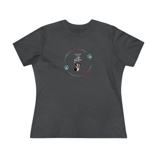 Dog Hair is my Glitter Women's Premium Tee in Asphalt. The Dog Hair is my Glitter design features a dog with the phrase "Dog Hair is my Glitter" above it and it is surrounded by a circle with paw prints.