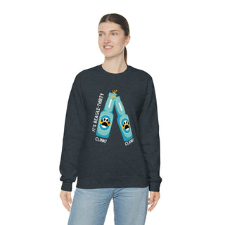 Beagle-Thirty Bottles Unisex Heavy Blend Crewneck Sweatshirt in Dark Heather. The front of shirt showcases Two Paw Labeled Bottles clinking with the saying, "It's Beagle-Thirty". Back of shirt features corresponding Benefit Beagle Logo.