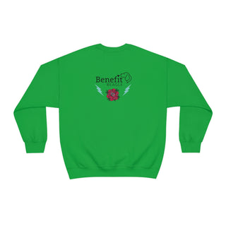 Stay Wild Unisex Heavy Blend Crewneck Sweatshirt in Irish Green.  Shown is the back of shirt with Benefit Beagle Logo complete with Tattoo Rose. On front of shirt is Stay Wild Design featuring a tattoo style rose with the phrase "Stay Wild, Play Hard" around it.