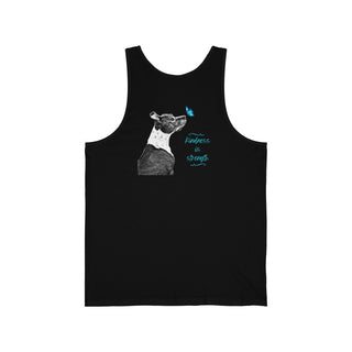 Lincoln Butterfly Unisex Jersey Short Sleeve Tee in Black. Shown is back of shirt design showcasing profile of a dog with a blue butterfly on its nose and the phrase "Kindness is Strength" next to it. The front of shirt has Benefit Beagle Logo kissed by a Butterfly.