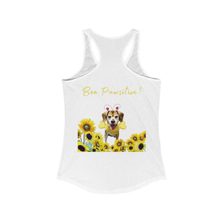 Bee Pawsitive Women's Racerback Tank in White. Shown is back of shirt showcasing a dog dressed as as bee in a a field of sunflowers with the phrase "Bee Pawsitive!" above it. The front features the Bee Pawsitive Benefit Beagle Logo