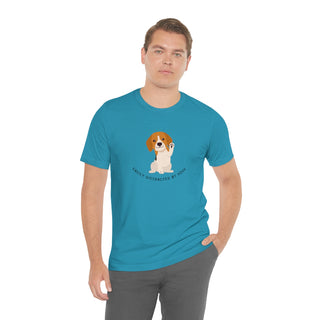 Easily Distracted Unisex Jersey Short Sleeve Tee in Aqua. Shown is front design featuring a dog waving with the saying "Easily Distracted by Dogs" below it. The back of shirt has the classic Benefit Beagle Logo.