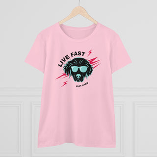 Play Hard Women's Midweight Cotton Tee shirt in Light Pink. The design features a cool dog with sunglasses and lightening bolts behind it. The phrase "Live Fast, Play Hard" is around the design.