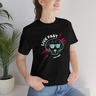 Play Hard Unisex Jersey Short Sleeve Tee Shirt in Black. The design features a cool dog with sunglasses and lightening bolts around it. The phrase "Live Fast, Play Hard" is around the design.