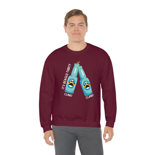 Beagle-Thirty Bottles Unisex Heavy Blend Crewneck Sweatshirt in Maroon. The front of shirt showcases Two Paw Labeled Bottles clinking with the saying, "It's Beagle-Thirty". Back of shirt features corresponding Benefit Beagle Logo.