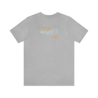 Beagle-Thirty Mugs Unisex Jersey Short Sleeve Tee in Athletic Heather. Shown is back of shirt featuring "Beagle-Thirty" Benefit Beagle Logo. The front Showcases Two Dog Adorned Mugs clinking with, "It's Beagle- Thirty" written above it.