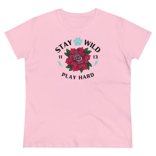 Stay Wild Women's Midweight Cotton Tee in Light Pink. Shown is front of Stay Wild Design features a tattoo style rose with the phrase "Stay Wild, Play Hard" around it. The back of shirt features the Stay Wild Benefit Beagle Logo Design.