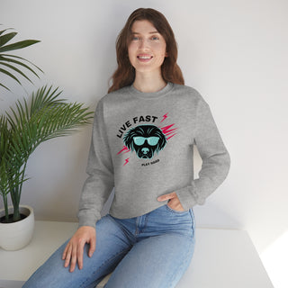 Play Hard Unisex Heavy Blend Crewneck Sweatshirt in Sport Grey. The design features a cool dog with sunglasses and lightening bolts around it. The phrase "Live Fast, Play Hard" is around the design.