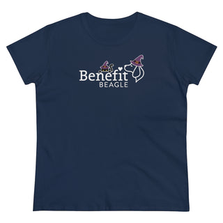 A slightly more fitted take of a classic short sleeve cotton tee. This contoured silhouette is made out of a soft, light cotton. Front side shown in Navy with a Seasonal Benefit Beagle Logo Design. Back side showcases Wide Eyed Cartoon Cat wearing Purple Hat Standing over Broom. "Crossing Paths Since 1692". Purrfect for Halloween, or anytime!