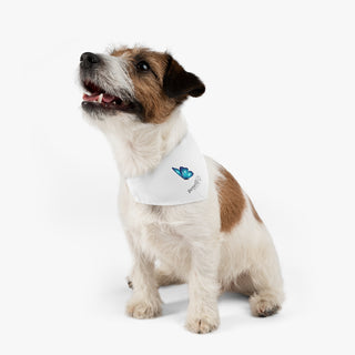 Dog wearing the Lincoln Butterfly Dog Collar Bandana in White. The Lincoln Butterfly design features the Benefit Beagle logo with a blue butterfly above it. Comes with adjustable black collar.