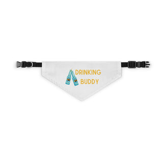 Beagle-Thirty Mugs Dog Collar Bandana in White. The Beagle-Thirty Mugs design features two dog paw labeled bottles clinking with the saying "Drinking buddy". Comes with adjustable black collar.