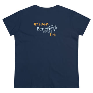 Beagle-Thirty Mugs Women's Midweight Cotton Tee in Navy. Shown is back of shirt featuring "Beagle-Thirty" Benefit Beagle Logo. The front Showcases Two Dog Adorned Mugs clinking with, "It's Beagle-Thirty" written above it.