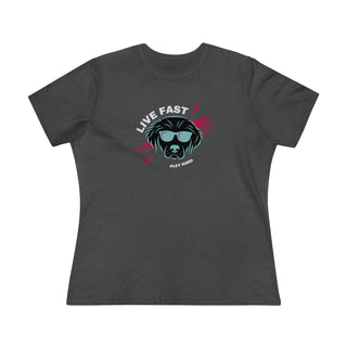 Play Hard Women's Premium Tee Shirt in Asphalt. The design features a cool dog with sunglasses and lightening bolts around it. The phrase "Live Fast, Play Hard" is around the design.