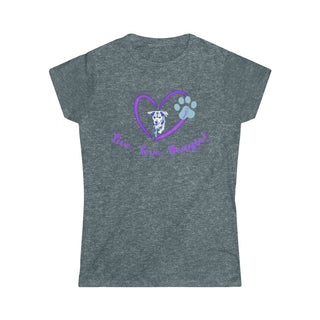 Live, Love, Beagle Women's Softstyle Tee in Dark Heather. The Live, Love, Beagle design features a dog running through a heart with the phrase "Live, Love, Beagle!" under it.