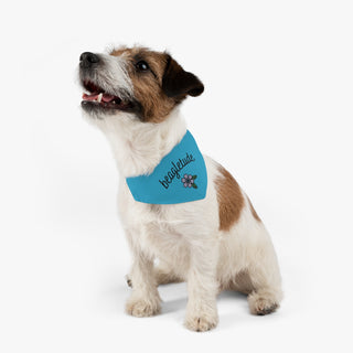 Dog wearing the Signature Tattoo Flower Dog Collar Bandana in Blue. The Signature Tattoo Flower design features the word "beagletude" with a tattoo style flower under it. Comes with adjustable black collar.