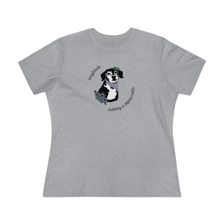 Signature Tattoo Flowers Women's Premium Tee in Athletic Heather. Shown is front of shirt with the Signature Tattoo Flowers design featuring a dog with flowers around it and the phrase "Beagletude" and "Nothing is Impawssible". Back of shirt features the Benefit Beagle Logo.