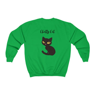 Meow Unisex Crewneck Sweatshirt in Irish Green. Shown is back showcasing a wide eyed black cartoon cat with the phrase "Chatty Cat" above it. On front of shirt is the Benefit Beagle Logo featuring a peeping cat.