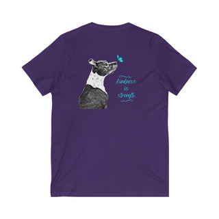 Lincoln Butterfly Unisex V-Neck Tee in Team Purple. Shown is back of shirt design showcasing profile of a dog with a blue butterfly on its nose and the phrase "Kindness is Strength" next to it. The front of shirt has Benefit Beagle Logo kissed by a Butterfly.