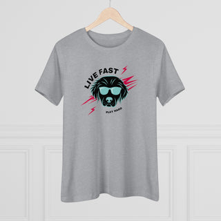 Play Hard Women's Premium Tee Shirt in Athletic Heather. The design features a cool dog with sunglasses and lightening bolts around it. The phrase "Live Fast, Play Hard" is around the design.