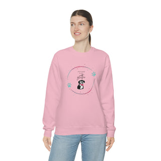 Dog Hair is my Glitter Unisex Crewneck in Light Pink. The Dog Hair is my Glitter design features a dog with the phrase "Dog Hair is my Glitter" above it and it is surrounded by a circle with paw prints.