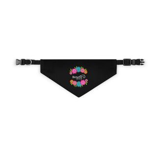 Dia De Los Muertos Dog Collar Bandana in Black. The Dia De Los Muertos design features the Benefit Beagle logo with flowers surrounding it. Comes with adjustable black collar.