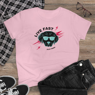 Play Hard Women's Midweight Cotton Tee shirt in Light Pink. The design features a cool dog with sunglasses and lightening bolts behind it. The phrase "Live Fast, Play Hard" is around the design.