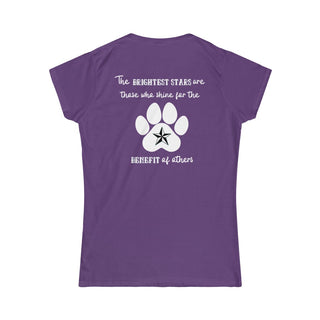 Brightest Star Women's Softstyle Tee shirt in purple. The Brightest Star design features a design on the back with the phrase "The brightest stars are those who shine for the benefit of others" with a pawprint and a nautical star.