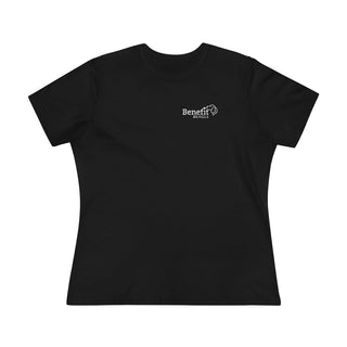 Live in the Moment Women's Premium Tee in Black. The Live in the Moment design features the Benefit Beagle logo in the top corner of the garment.